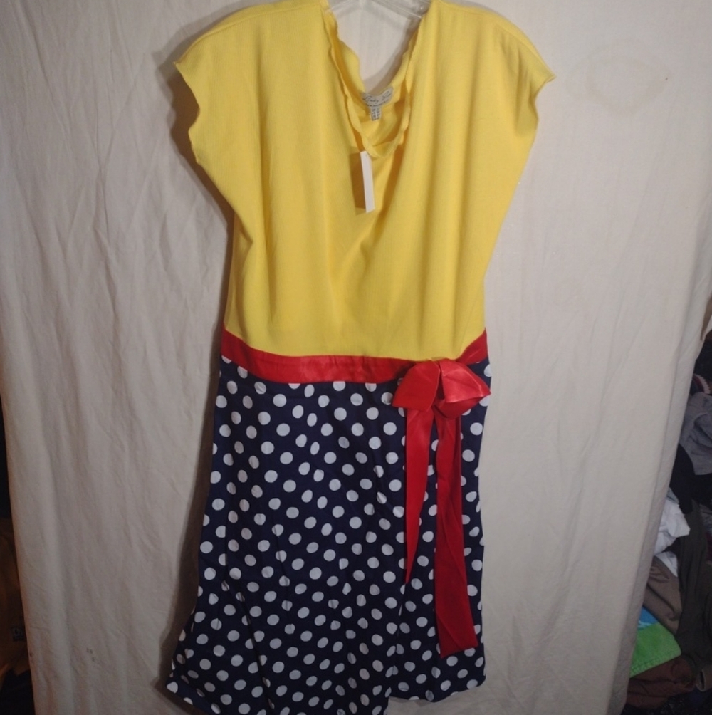 NWT Lindy Bop Yellow Blue White Polka Dot Red Bow Baby Doll Dress 4XL